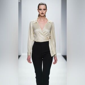 Shimmering Gold Wrap V-Neck Long Sleeve Top w/ Side Sash Tie - 70’s Glam!